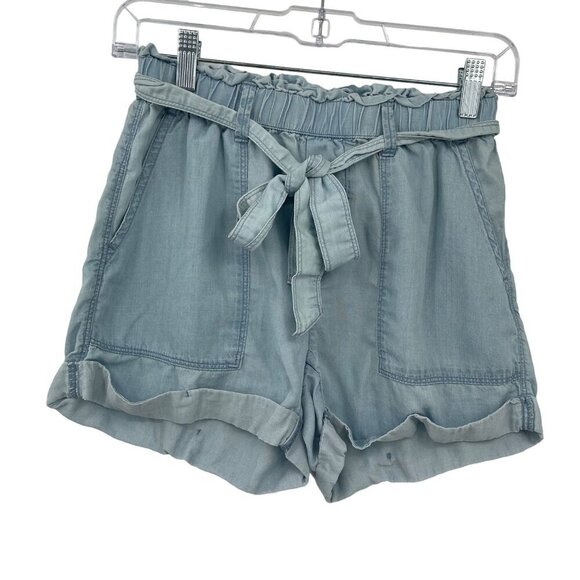 Aerie Chambray Paper Bag Lyocell Camp Shorts XS High Waist Belted Cuffed Blue - Picture 1 of 10